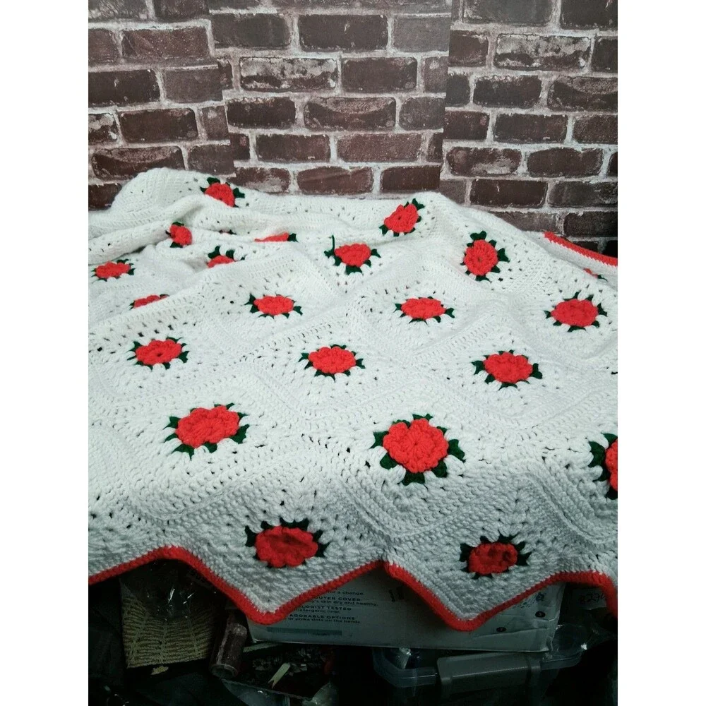 Vintage White Red Crochet Throw Blanket Lap Granny Square 62X62 Homemade Roses